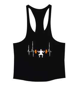 Gym Barbell Weightlifting Heartbeat Bodybuilding Tasarımı Baskılı Siyah Erkek Tank Top Atlet