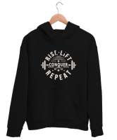 Gym Fitness Halter Rutin - Routine Repeat Siyah Unisex Kapşonlu Sweatshirt - Thumbnail