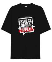 Gym - Halter - Terle Gülümse ve Tekrar - Repeat Siyah Oversize Unisex Tişört - Thumbnail