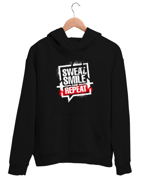 Tisho - Gym - Halter - Terle Gülümse ve Tekrar - Repeat Siyah Unisex Kapşonlu Sweatshirt