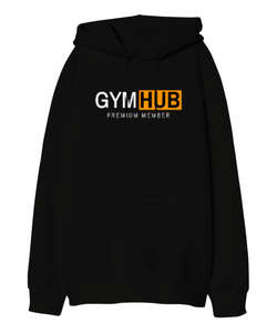 Gym Hub Premium Member Siyah Oversize Unisex Kapüşonlu Sweatshirt