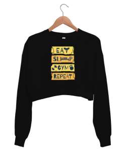 GYM Rutin - Fitness Yaşam Tarzı Siyah Kadın Crop Sweatshirt