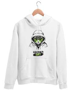 Hacker CatKedi Beyaz Unisex Kapşonlu Sweatshirt