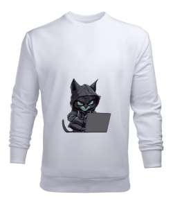 Hacker Kedi Beyaz Erkek Sweatshirt