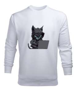 Hacker Kedi Beyaz Erkek Sweatshirt