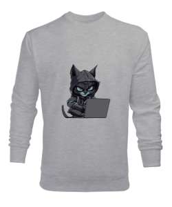 Hacker Kedi Gri Erkek Sweatshirt