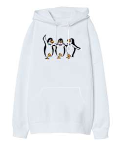 Halay ve Penguenler Beyaz Oversize Unisex Kapüşonlu Sweatshirt