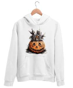 Halloween Bal Kabağı Beyaz Unisex Kapşonlu Sweatshirt