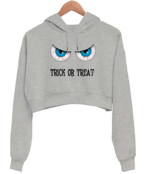 Halloween Eye - Şeker mi Şaka mı? Gri Kadın Crop Hoodie Kapüşonlu Sweatshirt