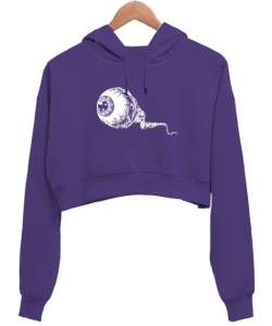 Halloween Eye - Ürkütücü Göz Mor Kadın Crop Hoodie Kapüşonlu Sweatshirt