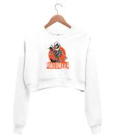 Halloween - İskelet - Skeleton Beyaz Kadın Crop Sweatshirt - Thumbnail