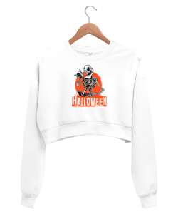 Halloween - İskelet - Skeleton Beyaz Kadın Crop Sweatshirt