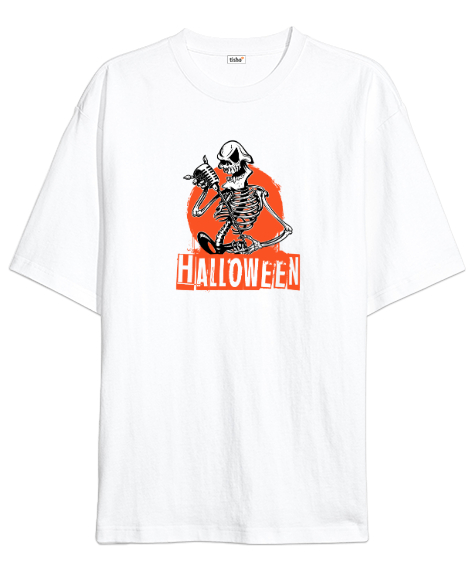 Tisho - Halloween - İskelet - Skeleton Beyaz Oversize Unisex Tişört