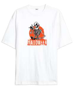 Halloween - İskelet - Skeleton Beyaz Oversize Unisex Tişört