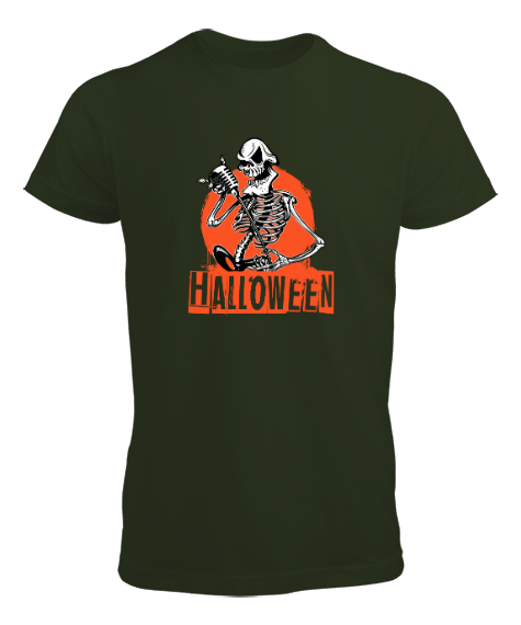 Tisho - Halloween - İskelet - Skeleton Haki Yeşili Erkek Tişört