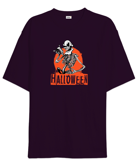 Tisho - Halloween - İskelet - Skeleton Koyu Mor Oversize Unisex Tişört