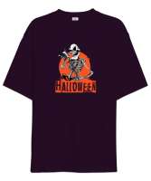 Halloween - İskelet - Skeleton Koyu Mor Oversize Unisex Tişört - Thumbnail