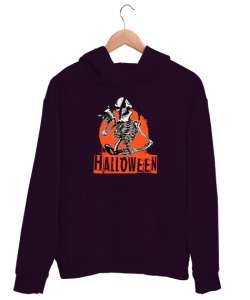 Halloween - İskelet - Skeleton Koyu Mor Unisex Kapşonlu Sweatshirt