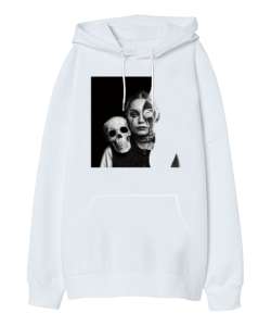 Halloween - Kafatası ve Kız - Skull And Girl Beyaz Oversize Unisex Kapüşonlu Sweatshirt