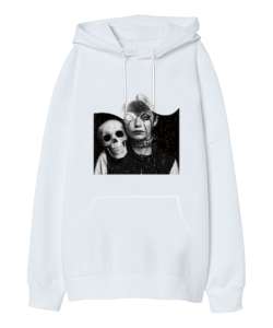 Halloween - Kafatası ve Kız - Skull And Girl Beyaz Oversize Unisex Kapüşonlu Sweatshirt