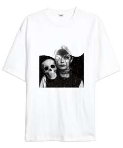 Halloween - Kafatası ve Kız - Skull And Girl Beyaz Oversize Unisex Tişört