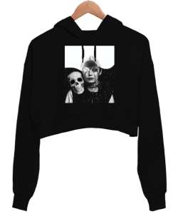 Halloween - Kafatası ve Kız - Skull And Girl Siyah Kadın Crop Hoodie Kapüşonlu Sweatshirt