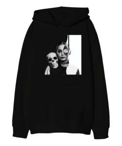 Halloween - Kafatası ve Kız - Skull And Girl Siyah Oversize Unisex Kapüşonlu Sweatshirt