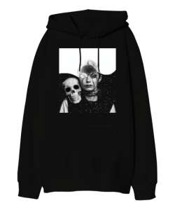 Halloween - Kafatası ve Kız - Skull And Girl Siyah Oversize Unisex Kapüşonlu Sweatshirt