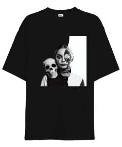 Halloween - Kafatası ve Kız - Skull And Girl Siyah Oversize Unisex Tişört