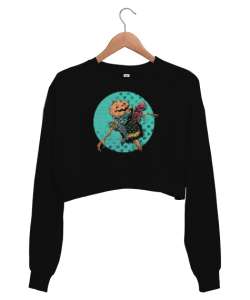 Hallowen Alien - Korkuluk Siyah Kadın Crop Sweatshirt