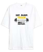 Halter Gym Fitness Rutin - Eat Sleep Train Repeat Beyaz Oversize Unisex Tişört - Thumbnail