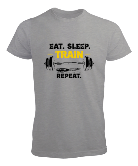 Tisho - Halter Gym Fitness Rutin - Eat Sleep Train Repeat Gri Erkek Tişört