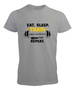 Halter Gym Fitness Rutin - Eat Sleep Train Repeat Gri Erkek Tişört