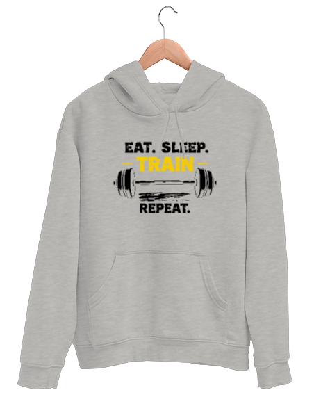 Tisho - Halter Gym Fitness Rutin - Eat Sleep Train Repeat Gri Unisex Kapşonlu Sweatshirt