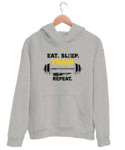 Halter Gym Fitness Rutin - Eat Sleep Train Repeat Gri Unisex Kapşonlu Sweatshirt