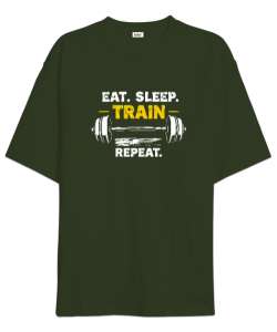 Halter Gym Fitness Rutin - Eat Sleep Train Repeat Haki Yeşili Oversize Unisex Tişört