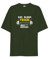 Halter Gym Fitness Rutin - Eat Sleep Train Repeat Haki Yeşili Oversize Unisex Tişört - Thumbnail