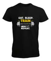 Halter Gym Fitness Rutin - Eat Sleep Train Repeat Siyah Erkek Tişört - Thumbnail