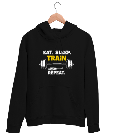 Tisho - Halter Gym Fitness Rutin - Eat Sleep Train Repeat Siyah Unisex Kapşonlu Sweatshirt