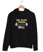 Halter Gym Fitness Rutin - Eat Sleep Train Repeat Siyah Unisex Kapşonlu Sweatshirt - Thumbnail