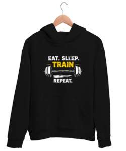 Halter Gym Fitness Rutin - Eat Sleep Train Repeat Siyah Unisex Kapşonlu Sweatshirt