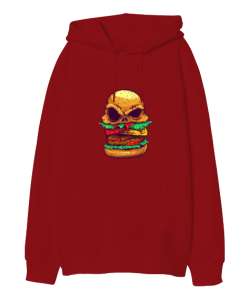 Hamburger Baskılı Kırmızı Oversize Unisex Kapüşonlu Sweatshirt