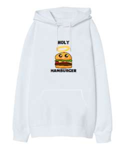  Hamburger Beyaz Oversize Unisex Kapüşonlu Sweatshirt