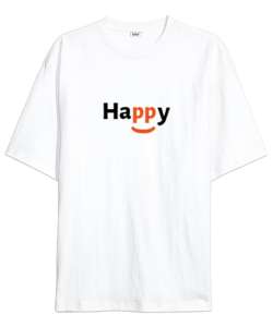 Happy baskılı Beyaz Oversize Unisex Tişört