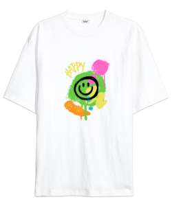 Happy Beyaz Oversize Unisex Tişört