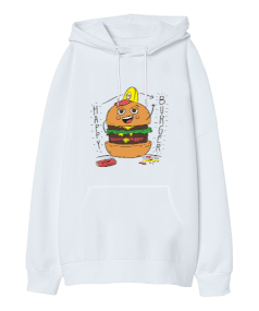 happy burger writen hoodie Oversize Unisex Kapüşonlu Sweatshirt