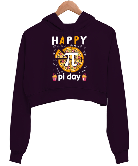 Happy Pi Day Pizza Koyu Mor Kadın Crop Hoodie Kapüşonlu Sweatshirt