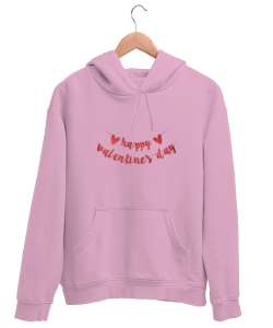 Happy Valentines Day Yazılı Baskılı Pembe Unisex Kapşonlu Sweatshirt