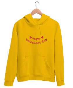 Happy Valentines Day Yazılı Baskılı Sarı Unisex Kapşonlu Sweatshirt