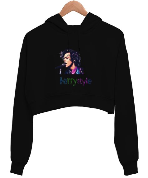 Tisho - Harry styles Siyah Kadın Crop Hoodie Kapüşonlu Sweatshirt